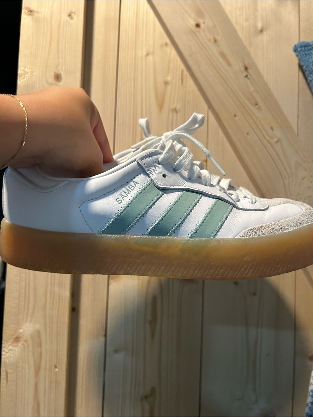 adidas samba Women’s White Sneakers with Light Green Stripes and Gum Platform - Picture 4 of 10
